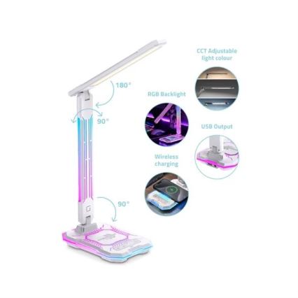 LED RGB Aptumšojama uzlādējama skārienvadāma galda lampa ar bezvadu lādētāju LED/7,5W/5V 2700-5300K balta