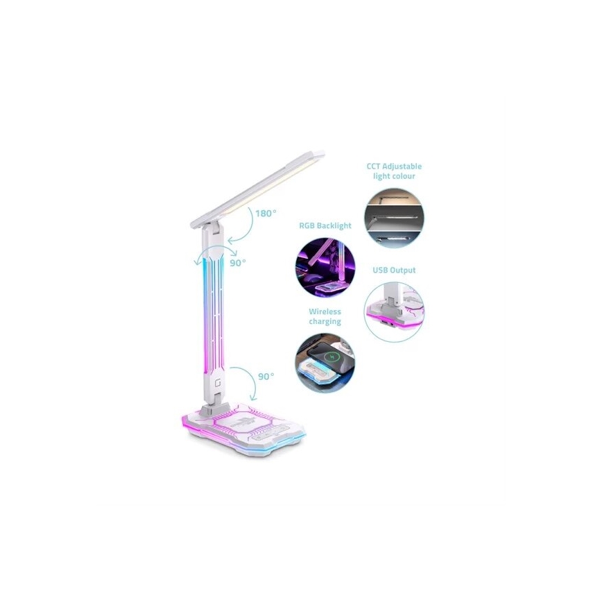 LED RGB Aptumšojama uzlādējama skārienvadāma galda lampa ar bezvadu lādētāju LED/7,5W/5V 2700-5300K balta