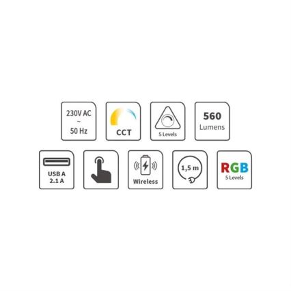 LED RGB Aptumšojama uzlādējama skārienvadāma galda lampa ar bezvadu lādētāju LED/7,5W/5V 2700-5300K balta