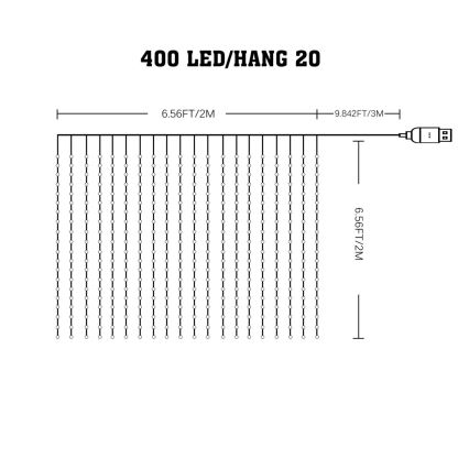 LED RGB Aptumšojama Ziemassvētku aizkars WIZARD 400xLED/USB 2x2m + tālvadības pults