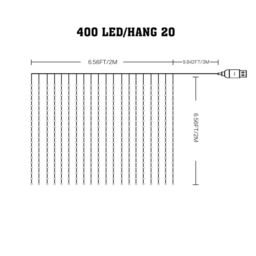 LED RGB Aptumšojama Ziemassvētku aizkars WIZARD 400xLED/USB 2x2m + tālvadības pults