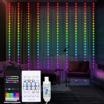 LED RGB Aptumšojams Ziemassvētku aizkars WIZARD 300xLED/USB 3x3m + tālvadības pults