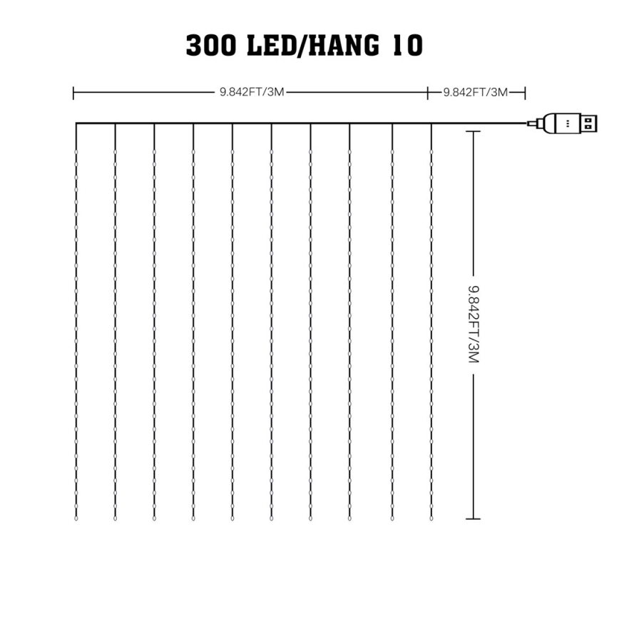 LED RGB Aptumšojams Ziemassvētku aizkars WIZARD 300xLED/USB 3x3m + tālvadības pults