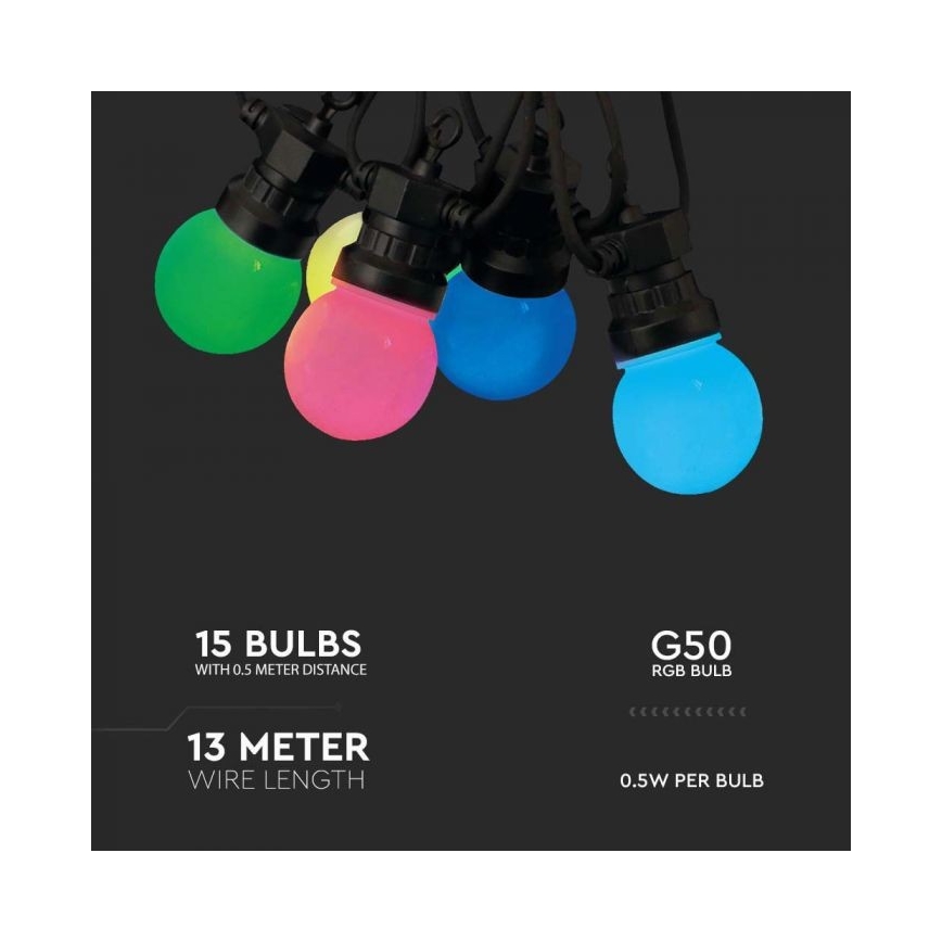 LED RGB Āra virtene STRING 13 m 15xLED/0,5W/230V IP44 + tālvadības pults