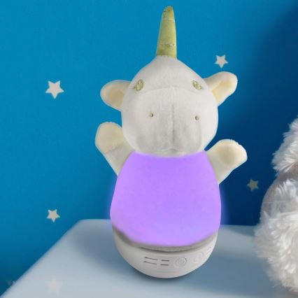 LED RGB Bērnu nakts lampiņa ar melodiju 3xAAA/5V vienradzis