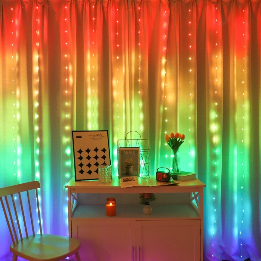 LED RGB regulējams Ziemassvētku gaismas aizkars WIZARD 300xLED/USB 3x3m + tālvadības pults