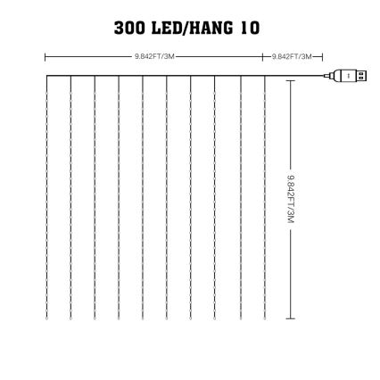 LED RGB regulējams Ziemassvētku gaismas aizkars WIZARD 300xLED/USB 3x3m + tālvadības pults
