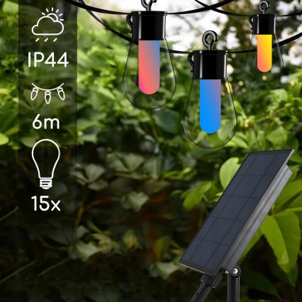 LED RGB ar regulējamu spilgtumu saules darbināms dekoratīvs virtenis 15xLED/18 funkcijas USB 6 m IP44 melna + ar tālvadības pulti