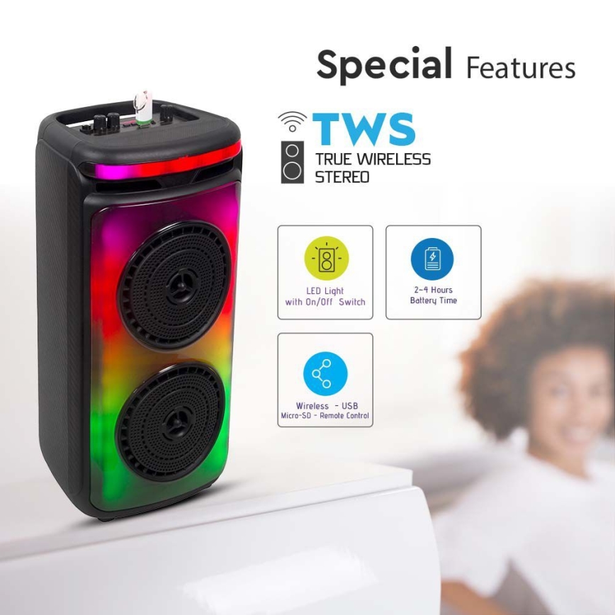 LED RGB Uzlādējams skaļrunis ar mikrofonu 400W/2400 mAh + tālvadības pults