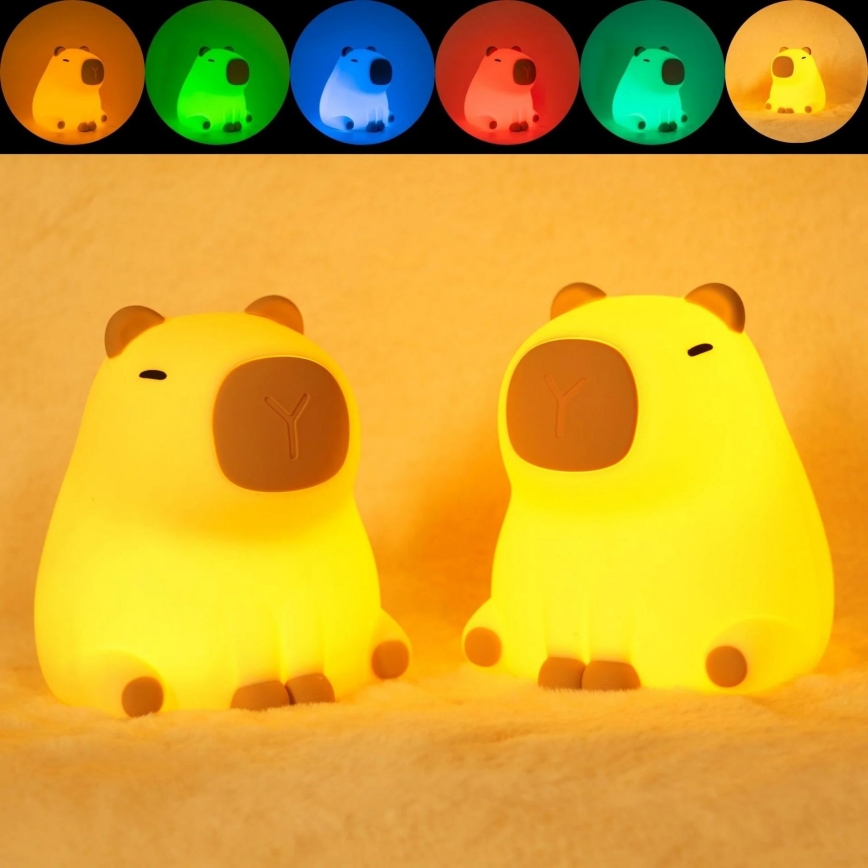 LED RGBW Aptumšojama bērnu skārienvadāma lampa LED/1W/5V USB 1200 mAh kapibara