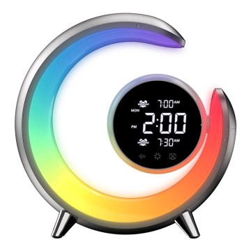 LED RGBW Aptumšojama galda lampa ar modinātāja pulksteni LED/20W/5V USB sudraba