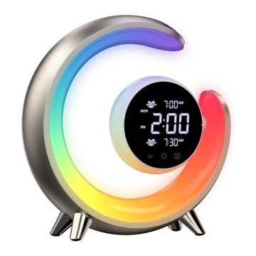LED RGBW Aptumšojama galda lampa ar modinātāja pulksteni PEACOCK LED/20W/5V USB