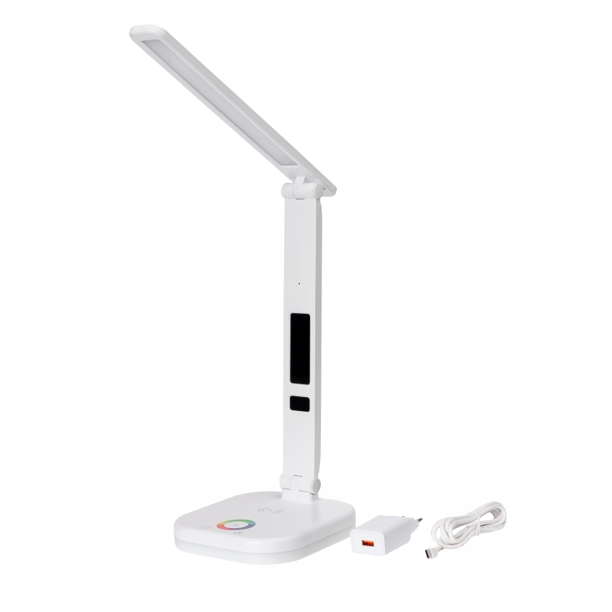 LED RGBW Aptumšojama skārienvadāma galda lampa ar bezvadu uzlādi, ekrāns un USB ports MAGNUS LED/6W/5V 3000-6500K balta