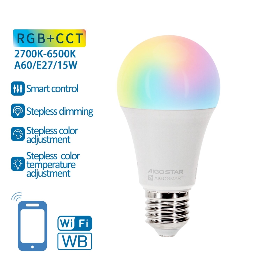 LED RGBW Aptumšojama spuldze A60 E27/15W/230V 2700-6500K Wi-Fi - Aigostar
