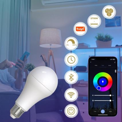 LED RGBW Aptumšojama spuldze A60 E27/15W/230V 2700-6500K Wi-Fi Tuya