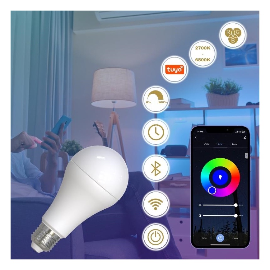 LED RGBW Aptumšojama spuldze A60 E27/15W/230V 2700-6500K Wi-Fi Tuya