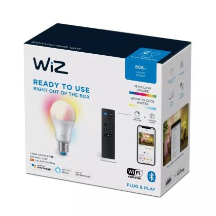 LED RGBW Aptumšojama spuldze A60 E27/8,5W/230V 2200-6500K  CRI 90 Wi-Fi + tālvadības pults - WiZ