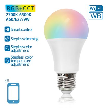 LED RGBW Aptumšojama spuldze A60 E27/9W/230V 2700-6500K Wi-Fi - Aigostar