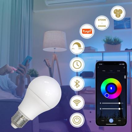 LED RGBW Aptumšojama spuldze A60 E27/9W/230V 2700-6500K Wi-Fi Tuya