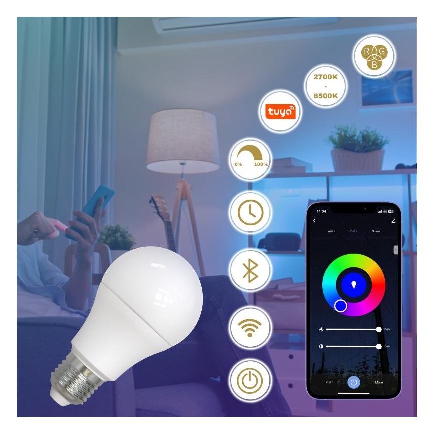 LED RGBW Aptumšojama spuldze A60 E27/9W/230V 2700-6500K Wi-Fi Tuya