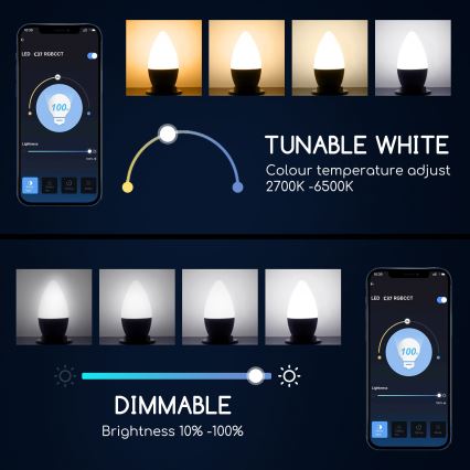 LED RGBW Aptumšojama spuldze C37 E27/5W/230V 3000-6500K Wi-Fi - Aigostar