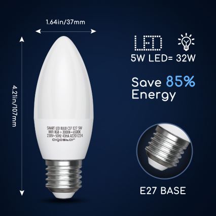 LED RGBW Aptumšojama spuldze C37 E27/5W/230V 3000-6500K Wi-Fi - Aigostar