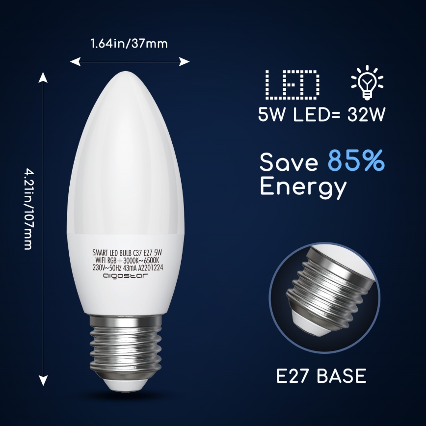 LED RGBW Aptumšojama spuldze C37 E27/5W/230V 3000-6500K Wi-Fi - Aigostar