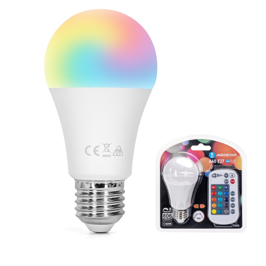 LED RGBW Aptumšojama spuldze E27/8W/230V 3000K + tālvadības pults - Aigostar
