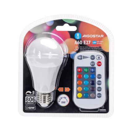 LED RGBW Aptumšojama spuldze E27/8W/230V 3000K + tālvadības pults - Aigostar