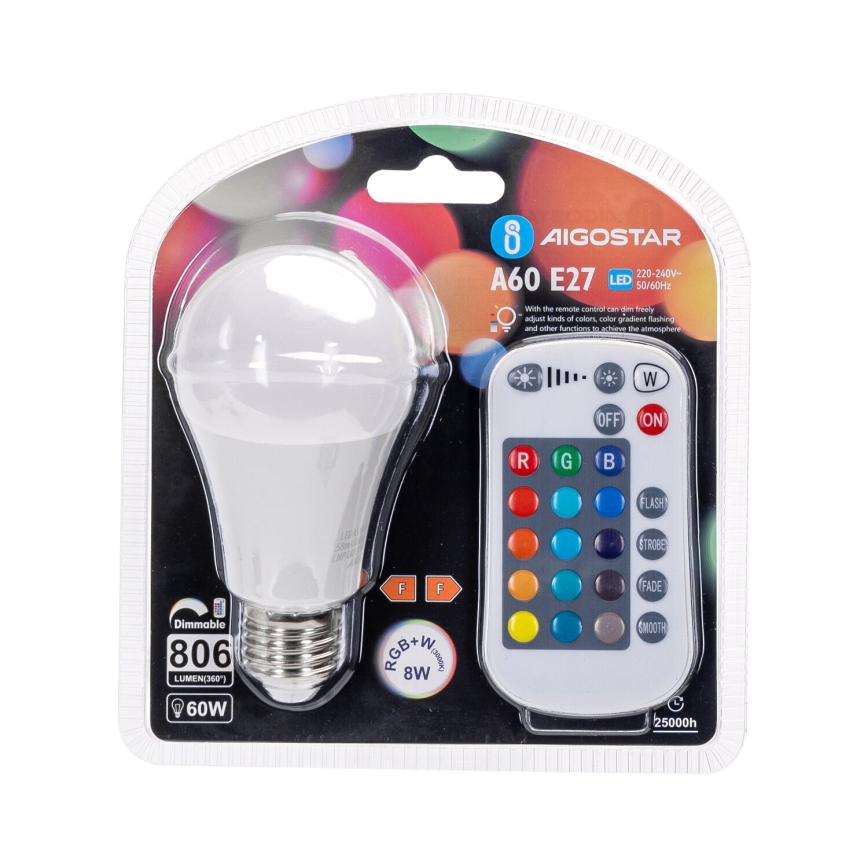 LED RGBW Aptumšojama spuldze E27/8W/230V 3000K + tālvadības pults - Aigostar