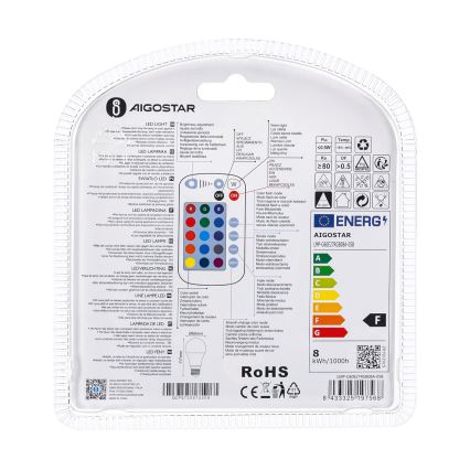 LED RGBW Aptumšojama spuldze E27/8W/230V 3000K + tālvadības pults - Aigostar