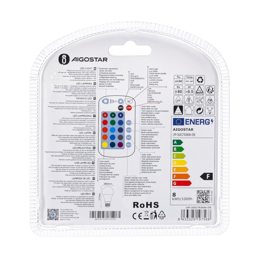 LED RGBW Aptumšojama spuldze E27/8W/230V 3000K + tālvadības pults - Aigostar