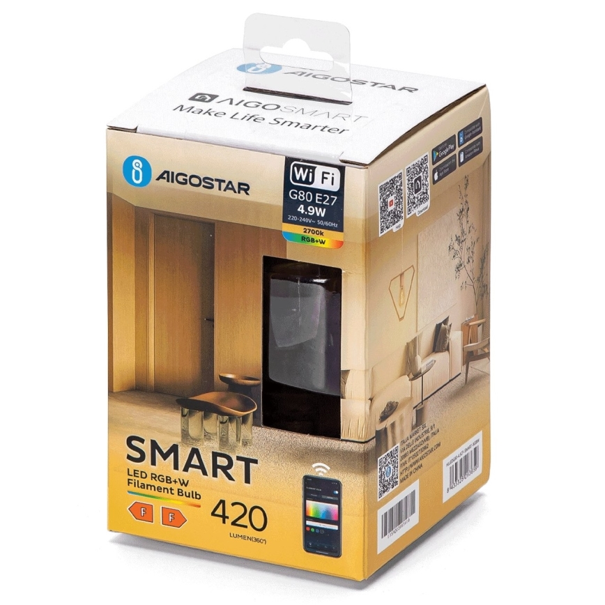 LED RGBW Aptumšojama spuldze FILAMENT G80 E27/4,9W/230V 2700K Wi-Fi - Aigostar