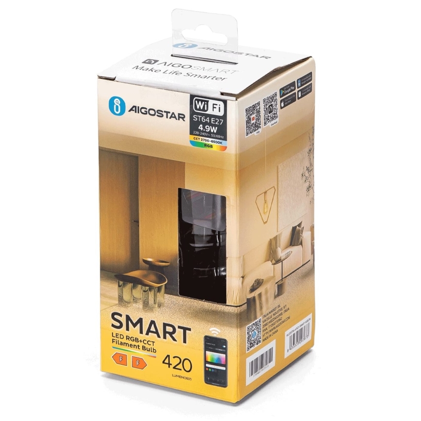 LED RGBW Aptumšojama spuldze FILAMENT ST64 E27/4,9W/230V 2700-6500K Wi-Fi - Aigostar