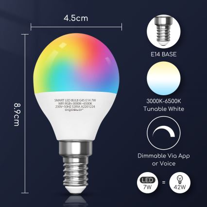 LED RGBW Aptumšojama spuldze G45 E14/7W/230V 3000-6500K Wi-Fi - Aigostar