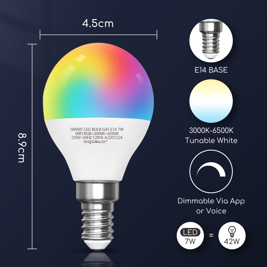 LED RGBW Aptumšojama spuldze G45 E14/7W/230V 3000-6500K Wi-Fi - Aigostar