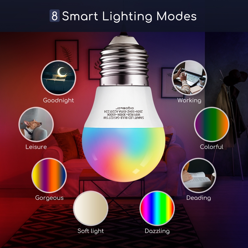 LED RGBW Aptumšojama spuldze G45 E27/5W/230V 3000-6500K Wi-Fi - Aigostar