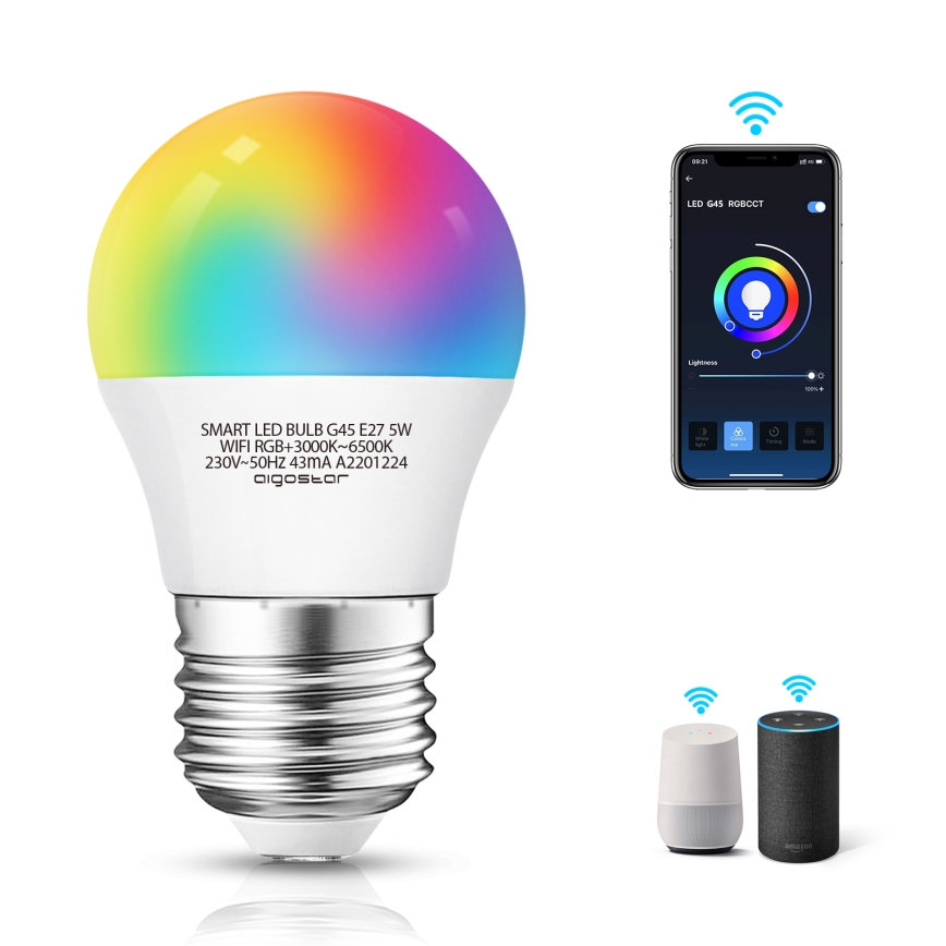 LED RGBW Aptumšojama spuldze G45 E27/5W/230V 3000-6500K Wi-Fi - Aigostar