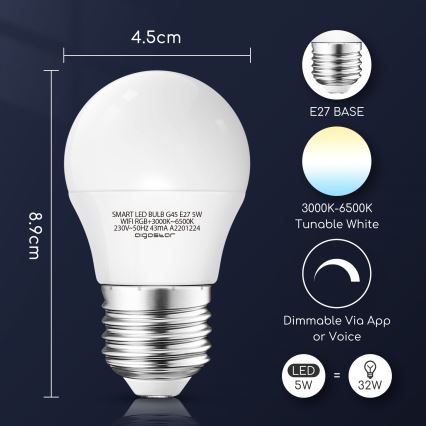 LED RGBW Aptumšojama spuldze G45 E27/5W/230V 3000-6500K Wi-Fi - Aigostar
