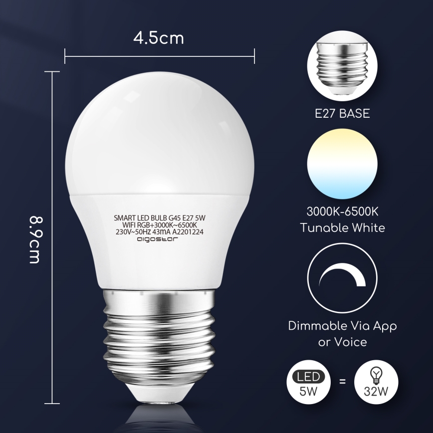 LED RGBW Aptumšojama spuldze G45 E27/5W/230V 3000-6500K Wi-Fi - Aigostar