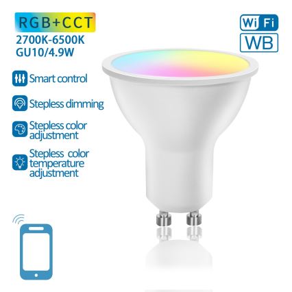 LED RGBW Aptumšojama spuldze GU10/4,9W/230V 2700-6500K Wi-Fi - Aigostar