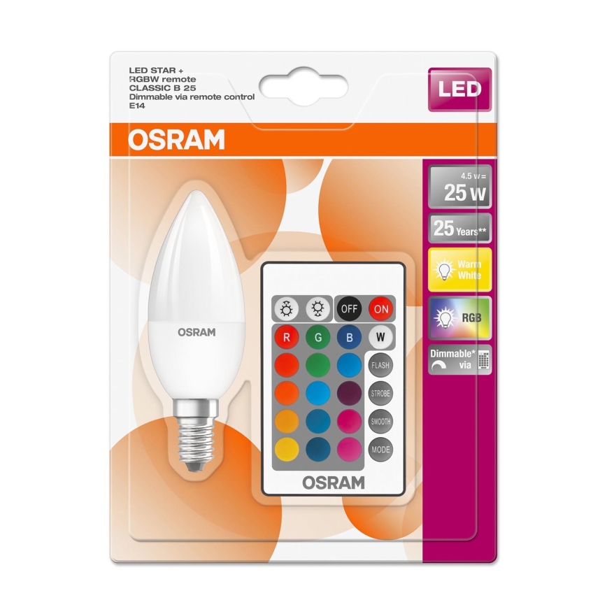 LED RGBW Aptumšojama spuldze STAR E14/4,5W/230V 2700K + tālvadības pults – Osram