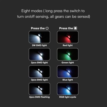 LED RGBW Aptumšojama uzlādējams galvas lampa USB LED/3W/5V IP43 190 spīdīgs 24 h 750 mAh
