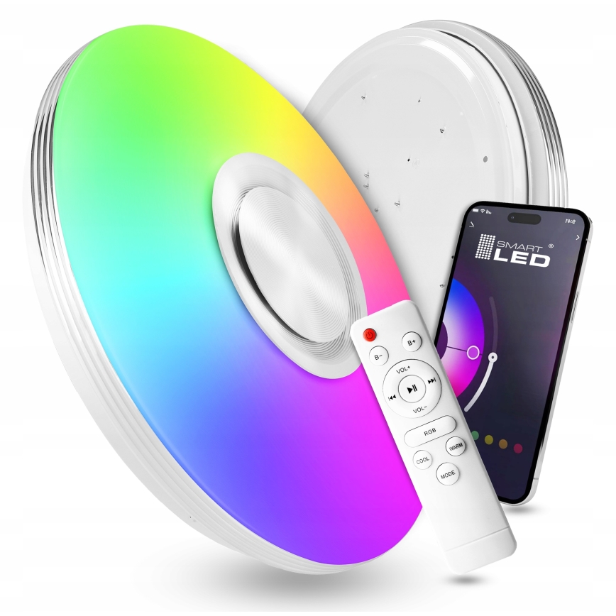 LED RGBW aptumšojams griestu gaismeklis ar iebūvētu skaļruni LED/60W/230V 3000-6000K Ø 40 cm balts + ar tālvadības pulti