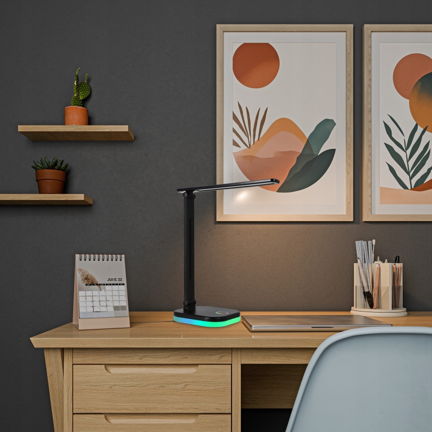 LED RGBW regulējama galda lampa ar bezvadu uzlādi LED/7W/5V USB melna