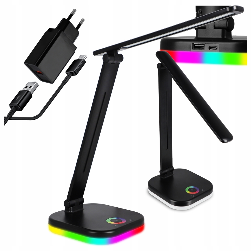 LED RGBW regulējama galda lampa ar bezvadu uzlādi LED/7W/5V USB melna