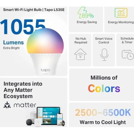 LED RGBW Regulējamā spuldze A60 E27/8,6W/230V 2500-6500K Wi-Fi - TP-Link