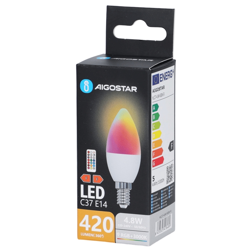 LED RGBW spuldze C37 E14/4,8W/230V 3000K + tālvadības pults - Aigostar