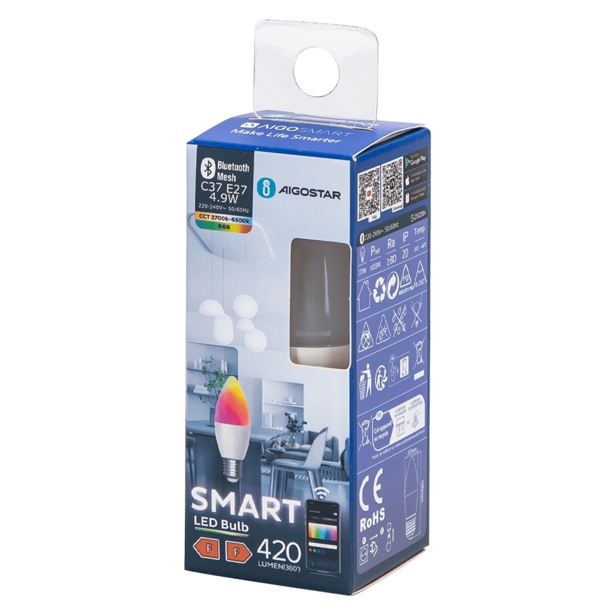 LED RGBW Spuldze C37 E27/4,9W/230V 2700-6500K - Aigostar