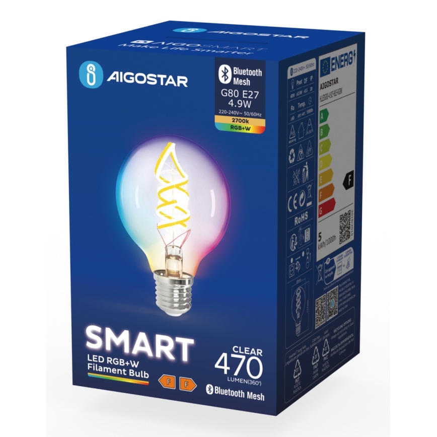 LED RGBW Spuldze FILAMENT G80 E27/4,9W/230V 2700K - Aigostar